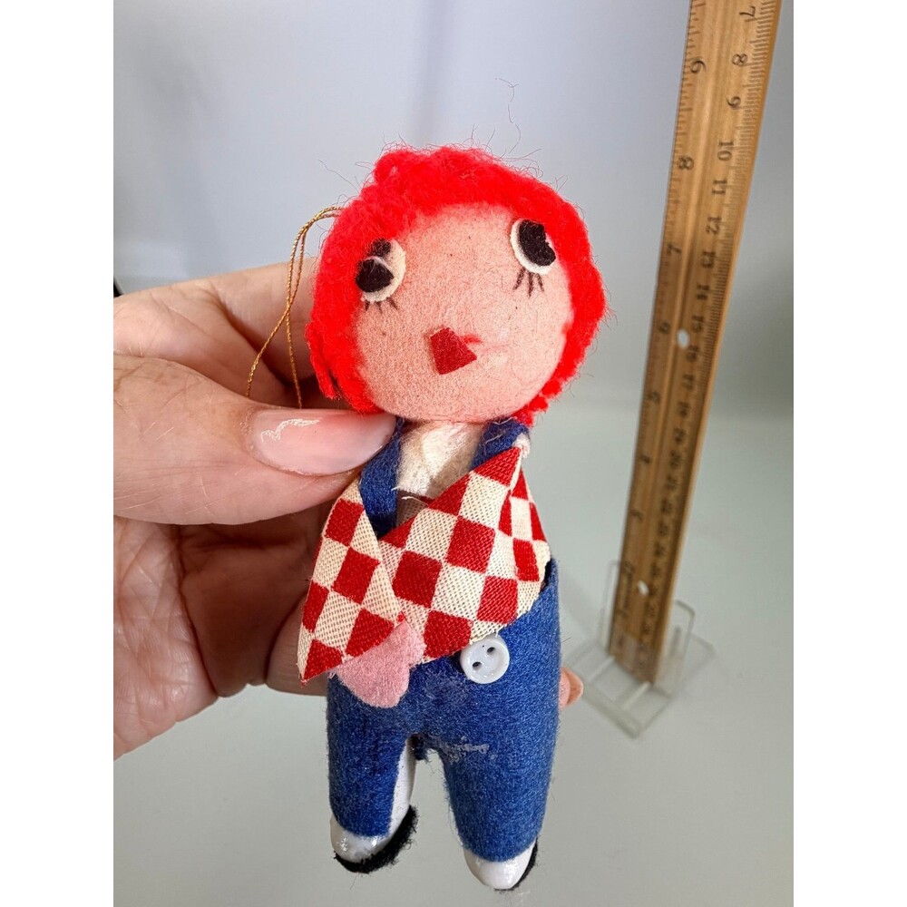 Vintage Felt Doll Ornament Red Hair Boy Overalls Made in Hong Kong Kitsch MCM